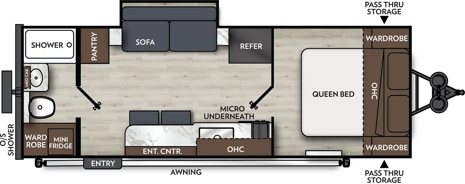 The Apex Nano 224RBS floorplan has one entry and one slide out. Exterior features include: fiberglass exterior. Interiors features include: front bedroom and rear bathroom.
